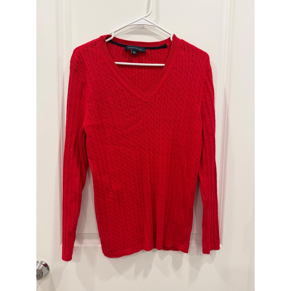 Tommy Hilfiger Red Cable Knit V-Neck Cotton Sweater Womens Large